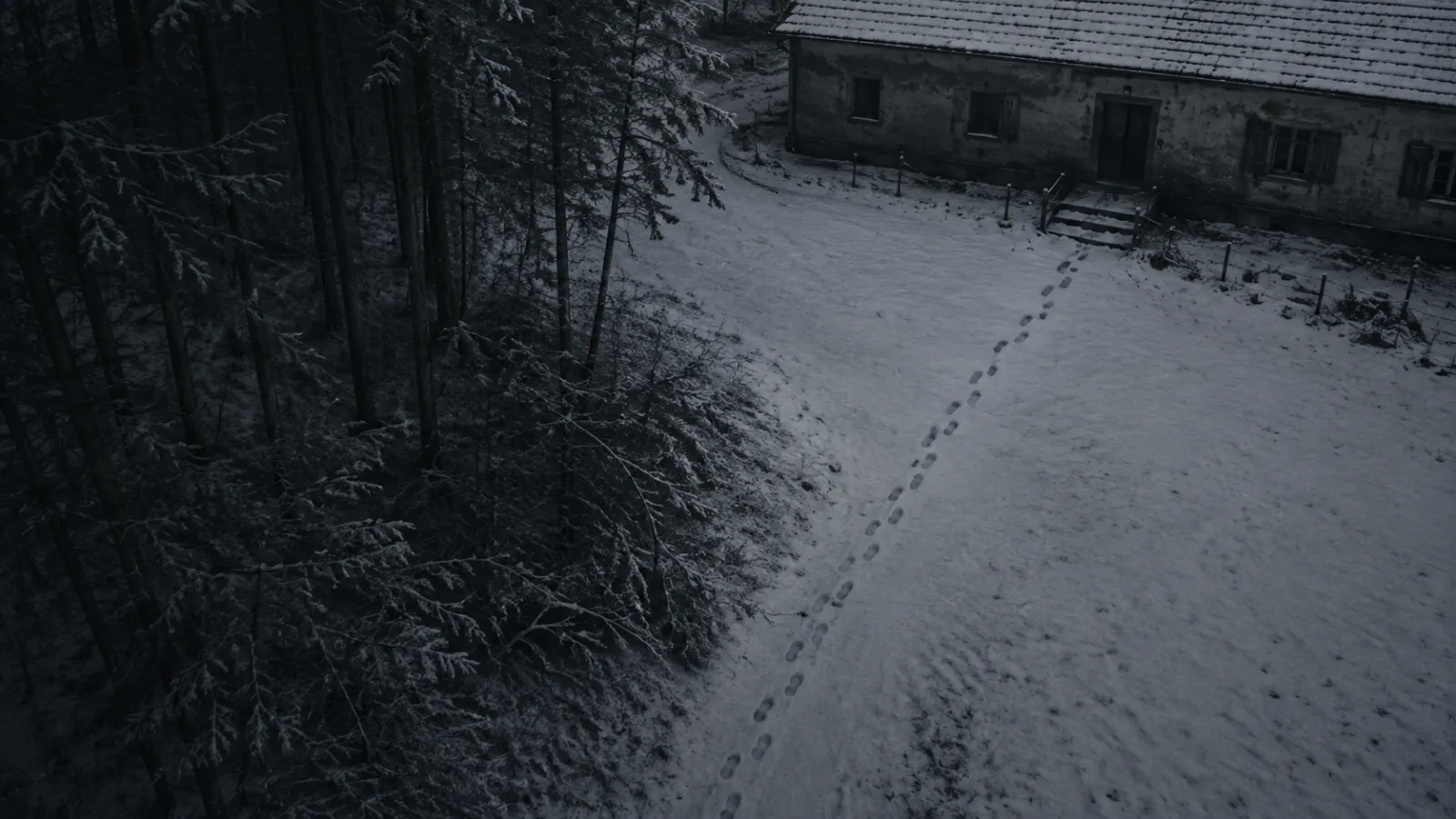 Footprints in snow leading from the edge of a forest to a farmhouse door with no tracks leading away