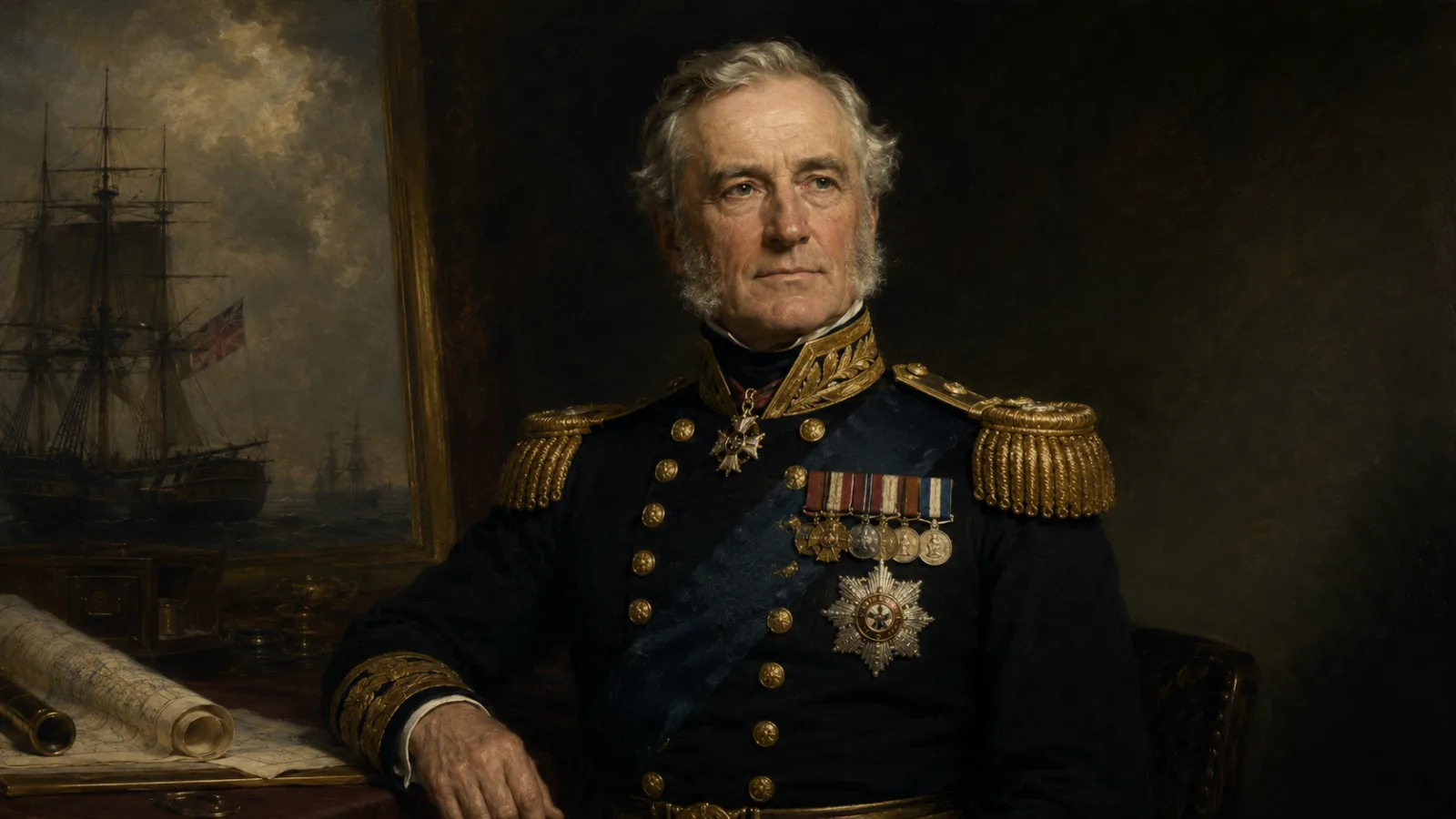 Formal Victorian-style portrait of an aging British naval officer in dress uniform