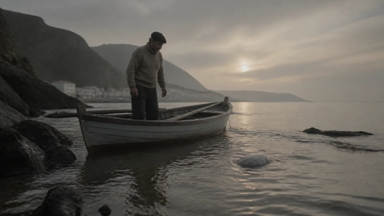 A fisherman in a small rowboat looking down at something floating in shallow water near a rocky Spanish coastline at dawn