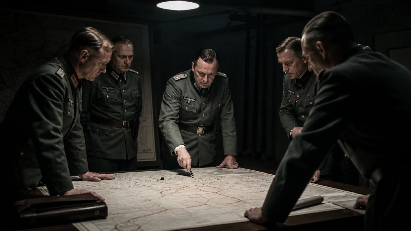German military officers gathered around a large map table in a dimly lit war room