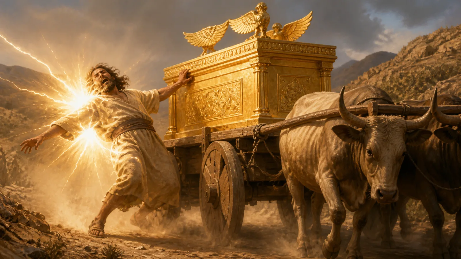 Illustration of a man reaching to steady a golden ark on an ox-drawn cart as light flashes