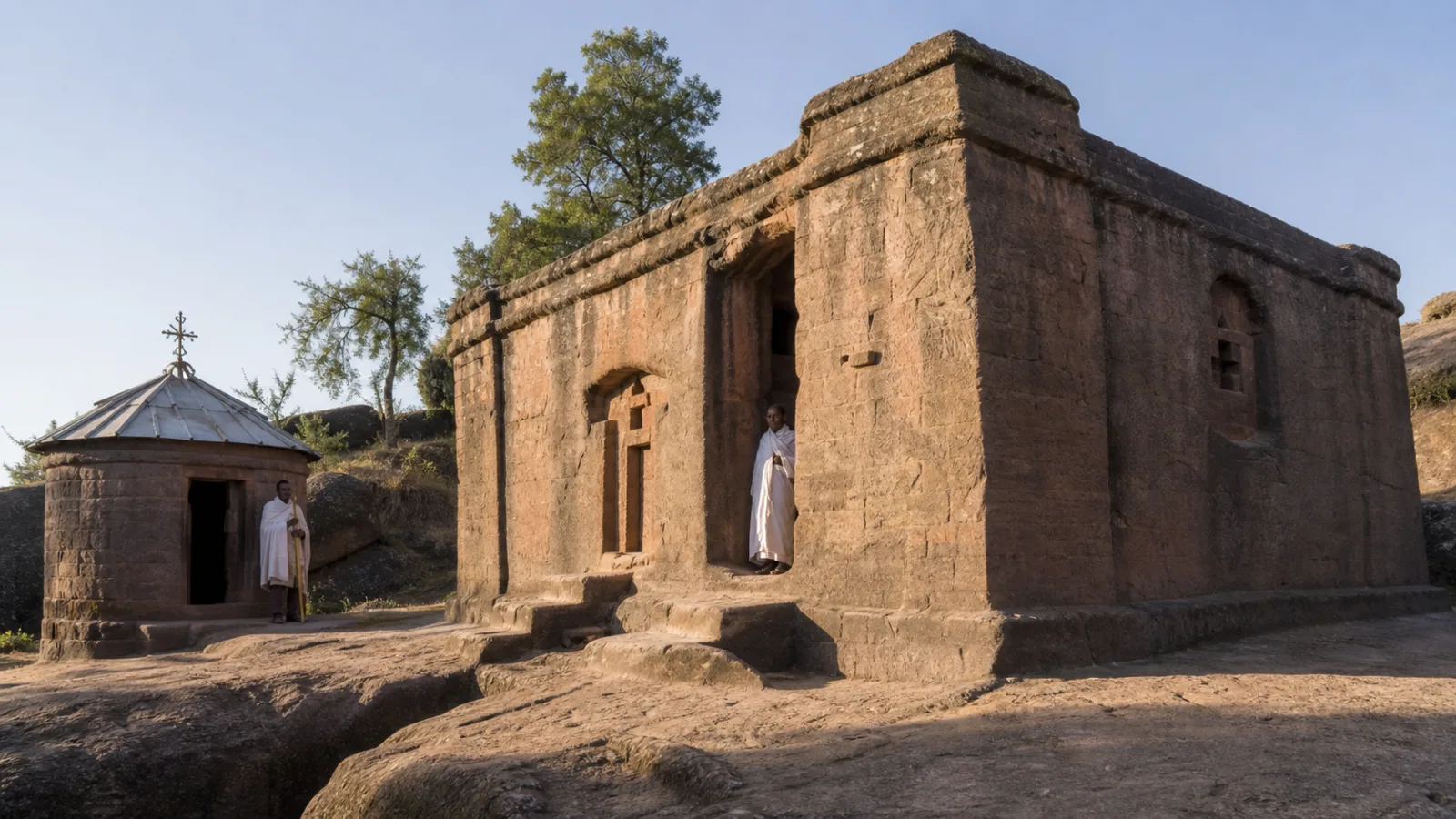 Traditional Ethiopian Orthodox stone church and guarded chapel building in Axum