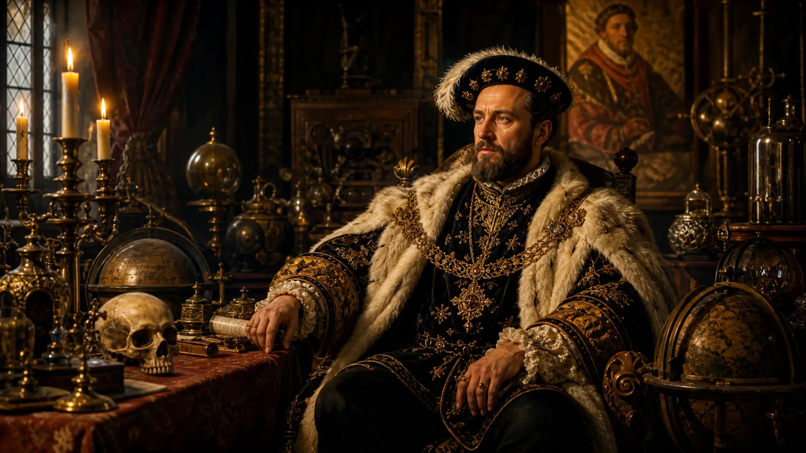 Illustrative portrait of a 16th century Holy Roman Emperor surrounded by curiosities and alchemical objects