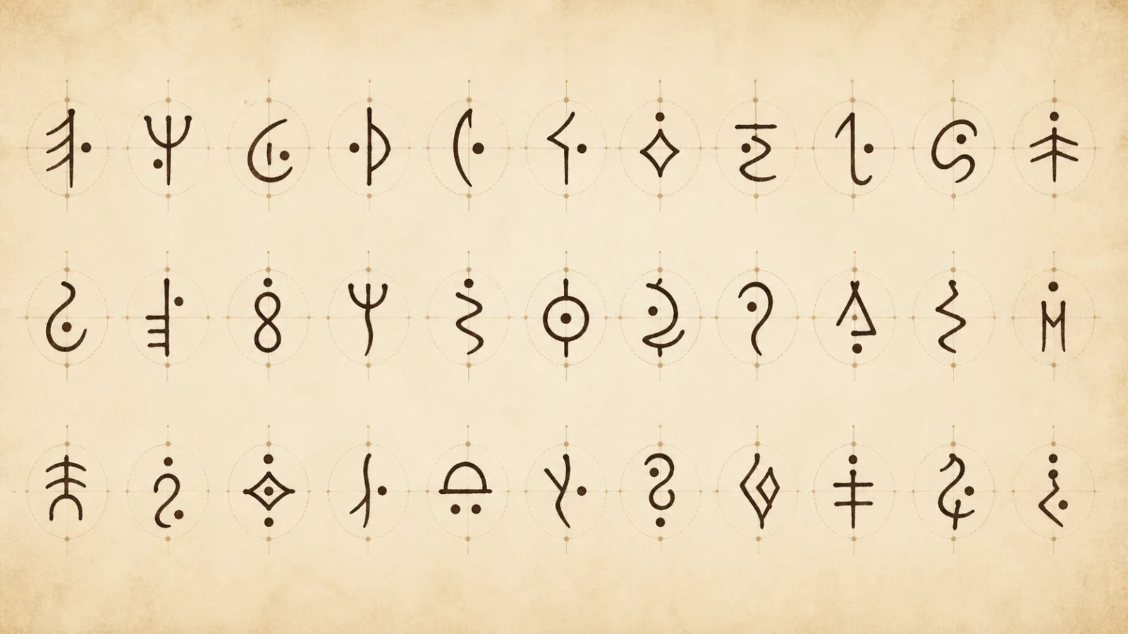 Infographic grid displaying rows of unique unknown manuscript characters arranged like an alphabet chart