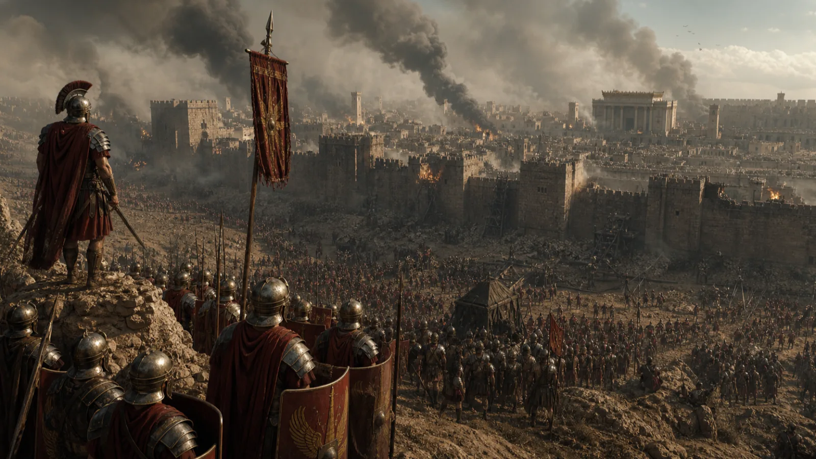 Illustrative reenactment of Roman legions besieging ancient Jerusalem with smoke rising from the walls
