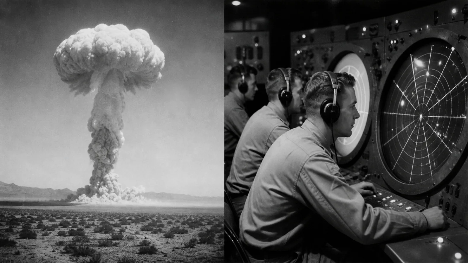 Archival-style depiction of a nuclear test mushroom cloud rising over a desert test site during the Cold War
