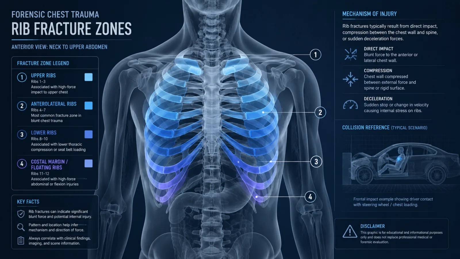 Clinical forensic infographic showing a human torso diagram with highlighted chest fracture zones alongside a car crash silhouette