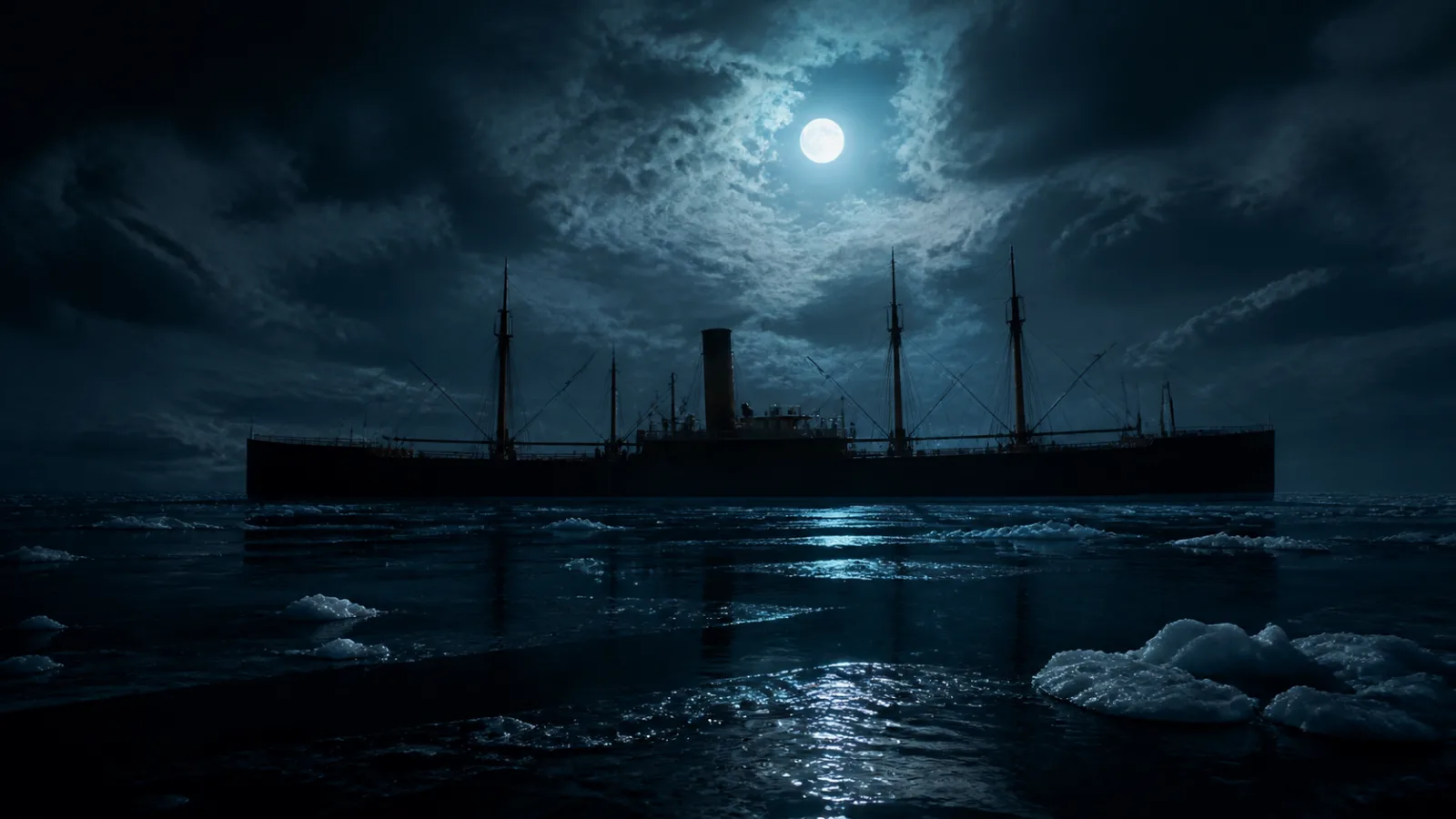 The cargo steamship Californian sitting still in dark, ice-strewn water at night