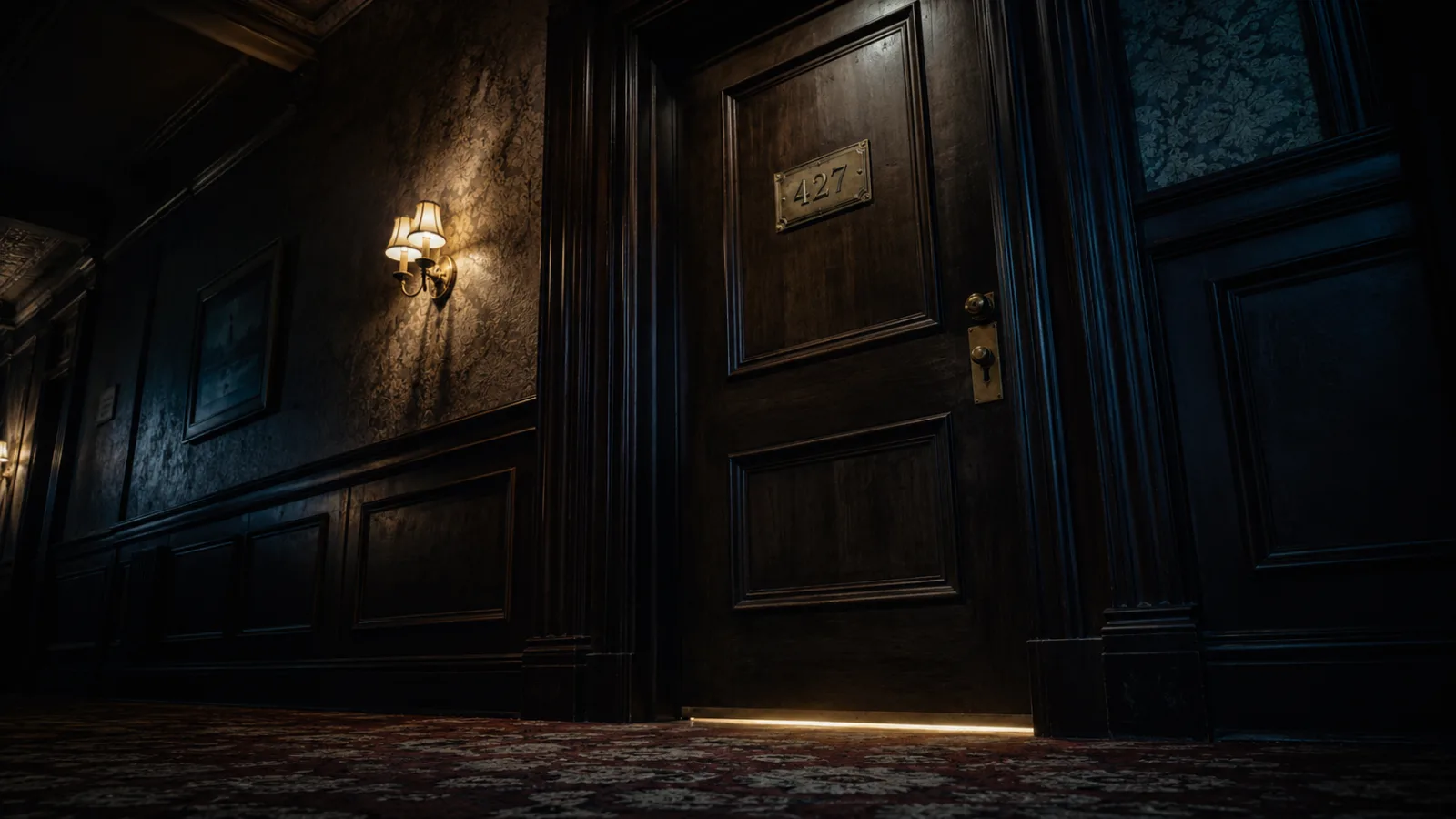 Dimly lit hotel room door numbered 427 in a shadowy hallway