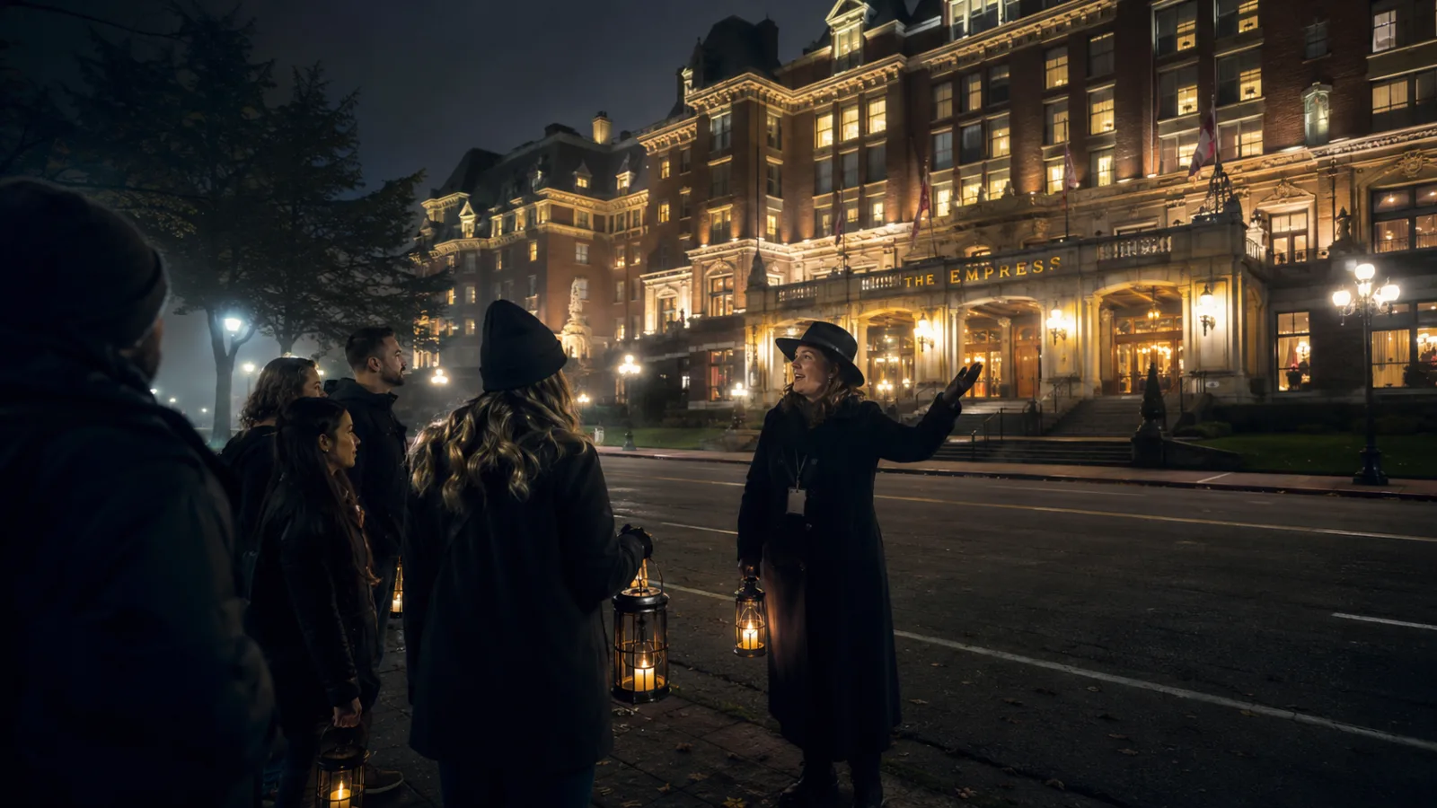 Evening ghost tour group with lanterns outside an illuminated historic hotel
