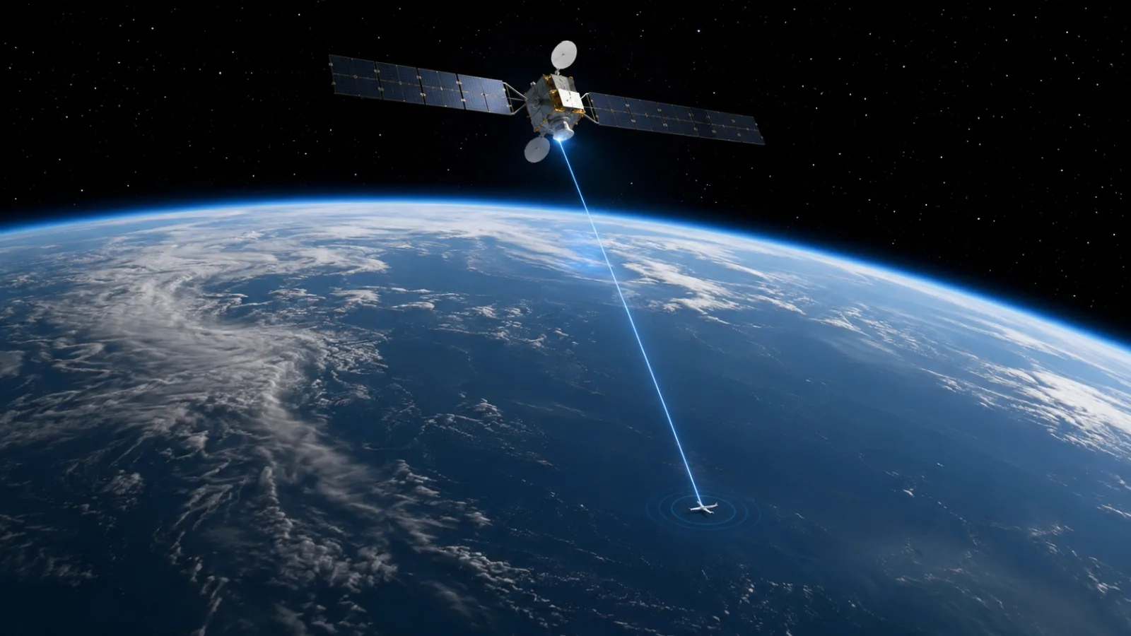 Illustration of a communications satellite sending a signal down to an aircraft over the ocean