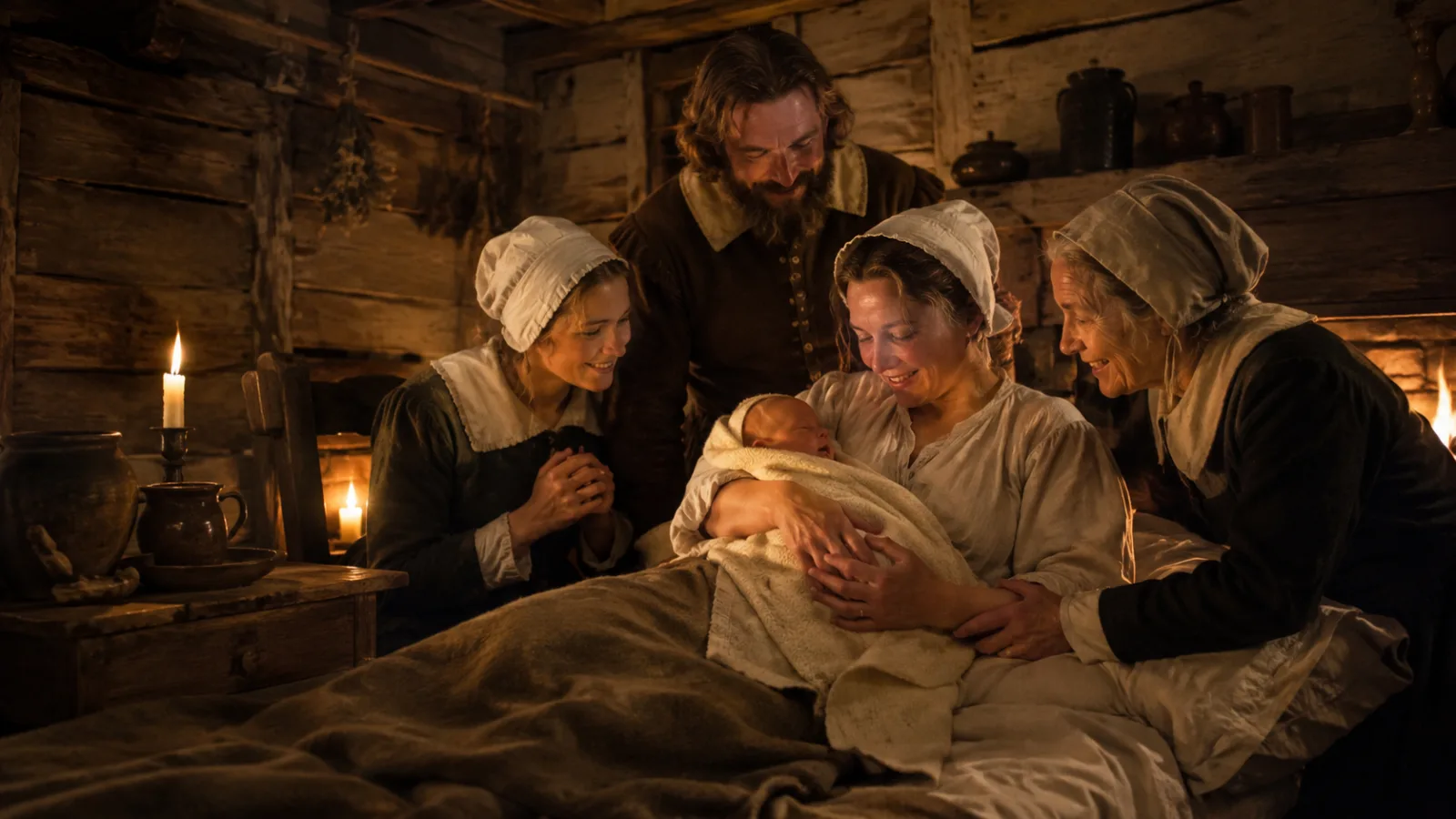 Warm candlelit interior of a colonial cabin with a mother cradling a newborn infant surrounded by family